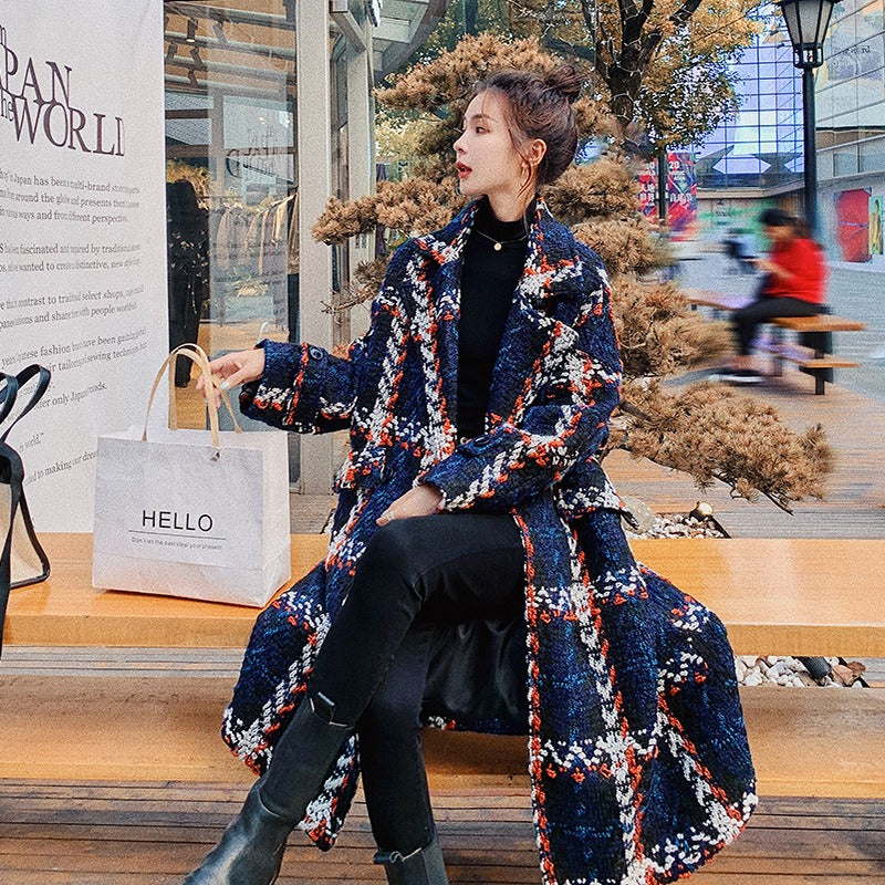 Women's Plaid Woolen Mid-Length Overcoat