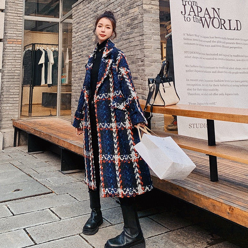 Women's Plaid Woolen Mid-Length Overcoat